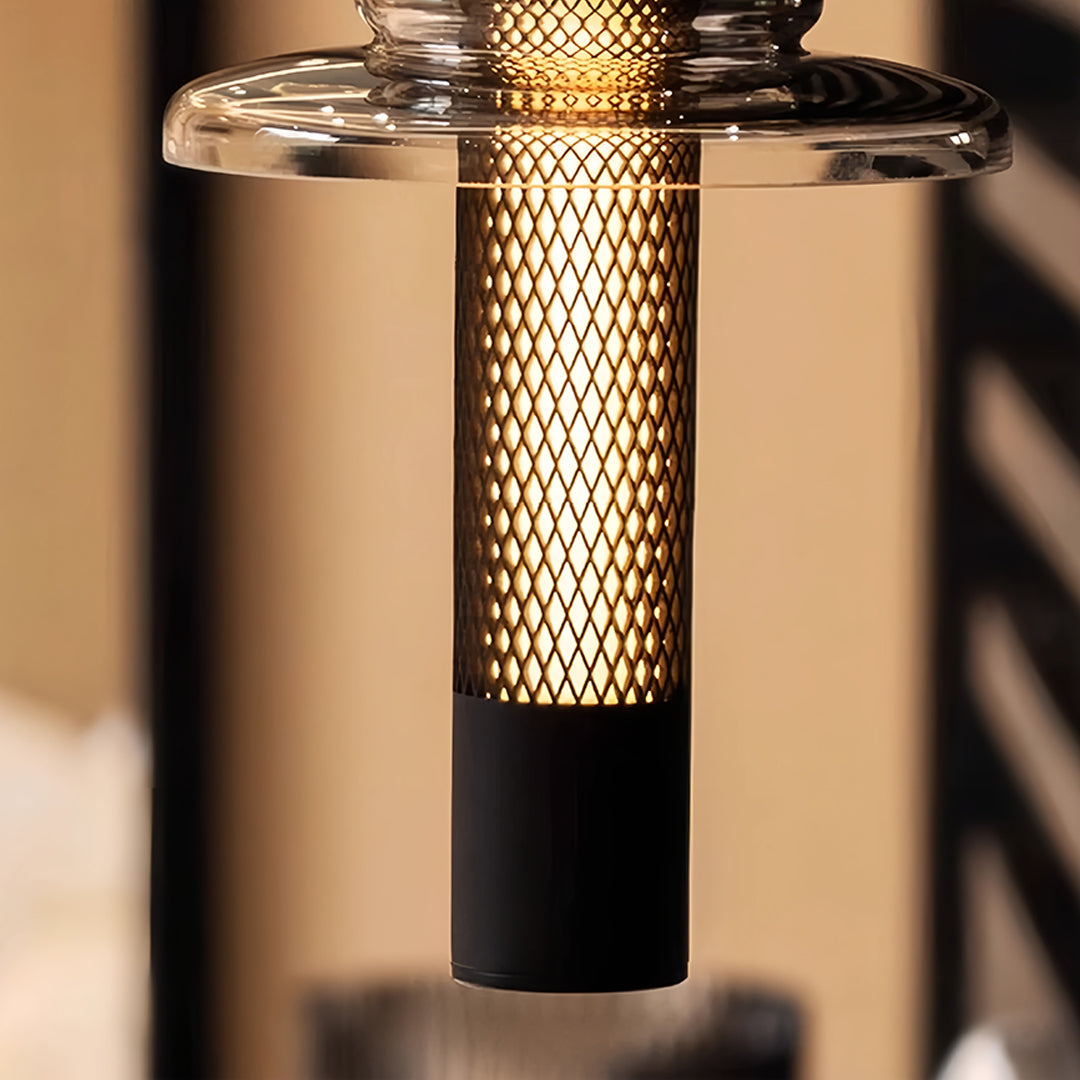 Aureon vertical mesh cylinder glass pendant light, black finish detail view