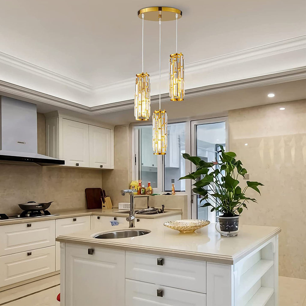Gold crystal pendant light showing round canopy ceiling mount detail