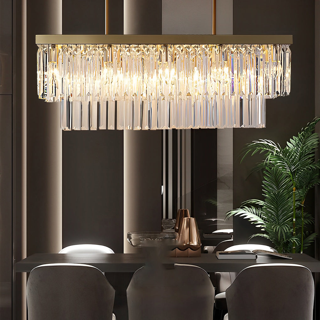 Detailed view of the crystal bar shades and gold finish on the Auréline chandelier