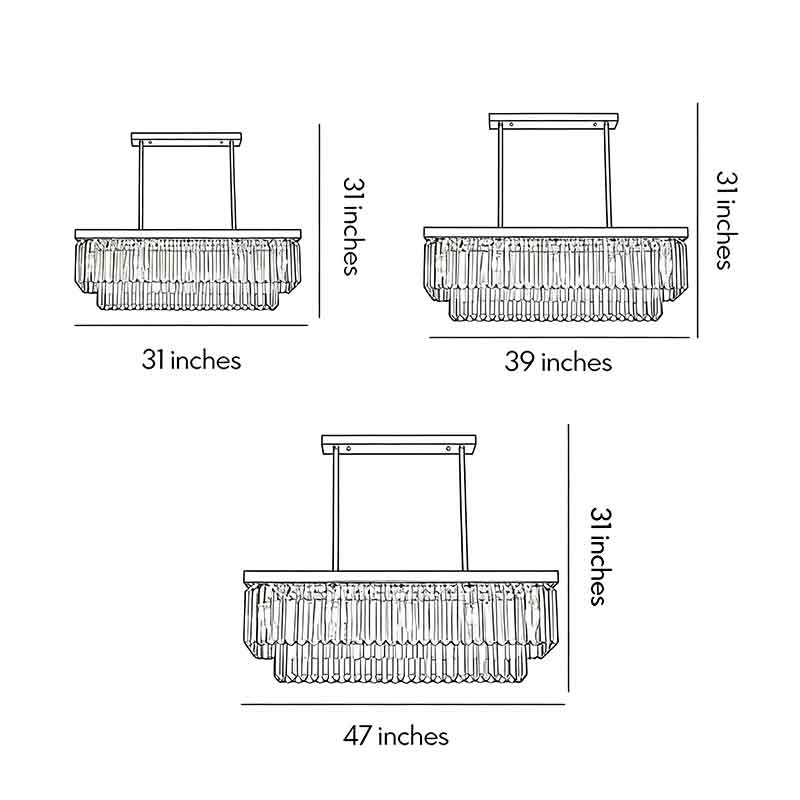 Technical dimension diagram for the Auréline gold rectangular crystal chandelier