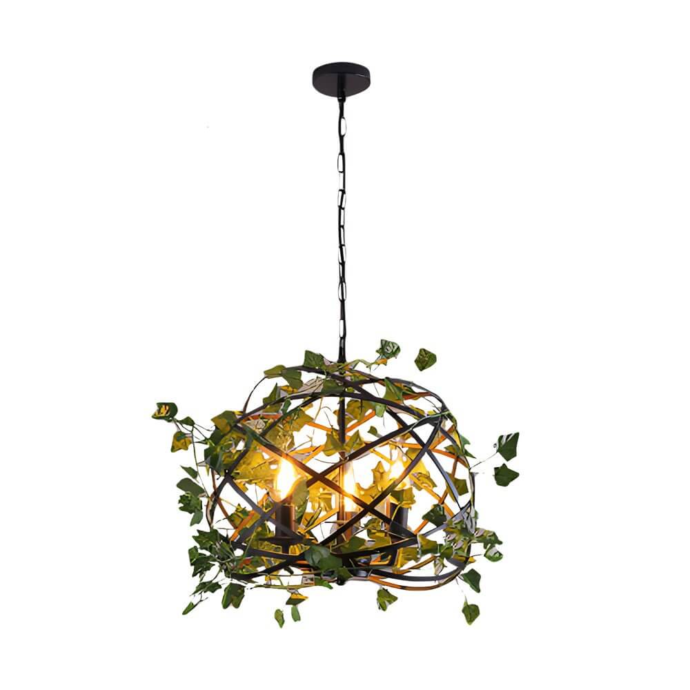 Aureon iron cage pendant light with climbing vines in a minimalist cafe setting
