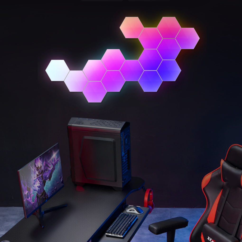 Alure hexagon RGBIC LED wall light panels arranged above a gaming room setup