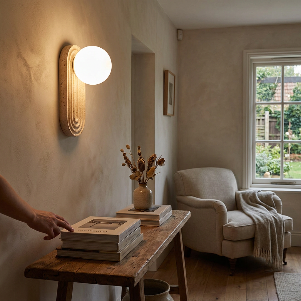 Yomi yellow travertine wall light with frosted glass orb in a Japandi hallway interior