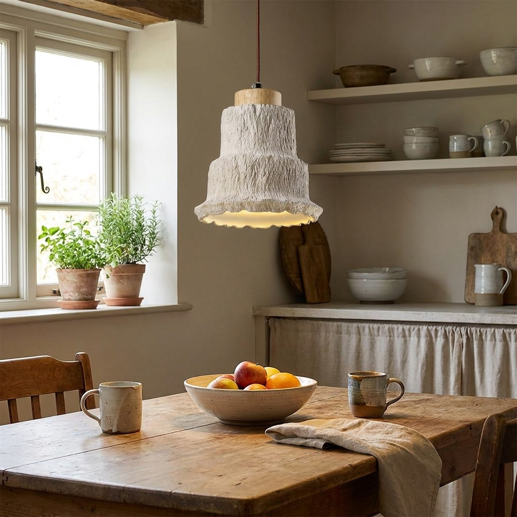 Yellow travertine pendant light with wood accent hanging above a kitchen island in a Japandi interior