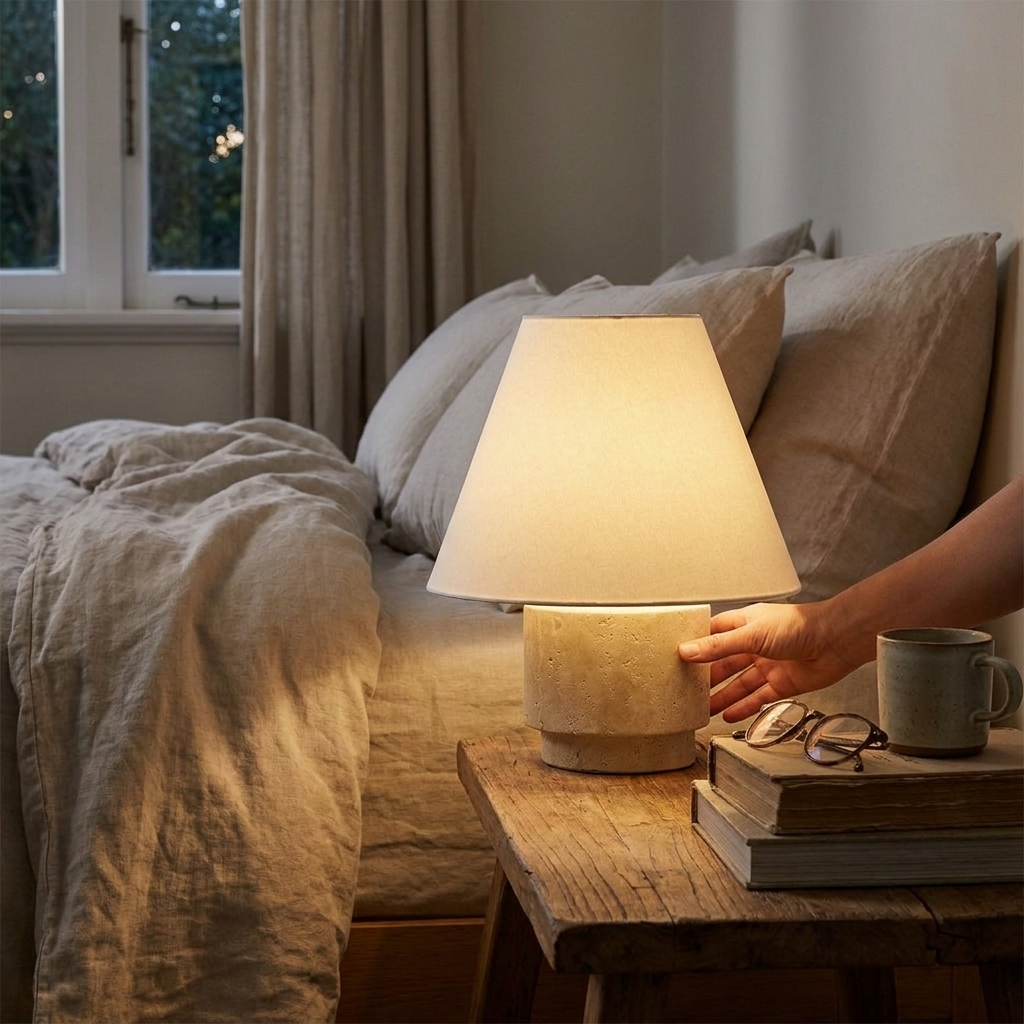 Kione travertine table lamp on a bedside table in a calm Japandi bedroom interior