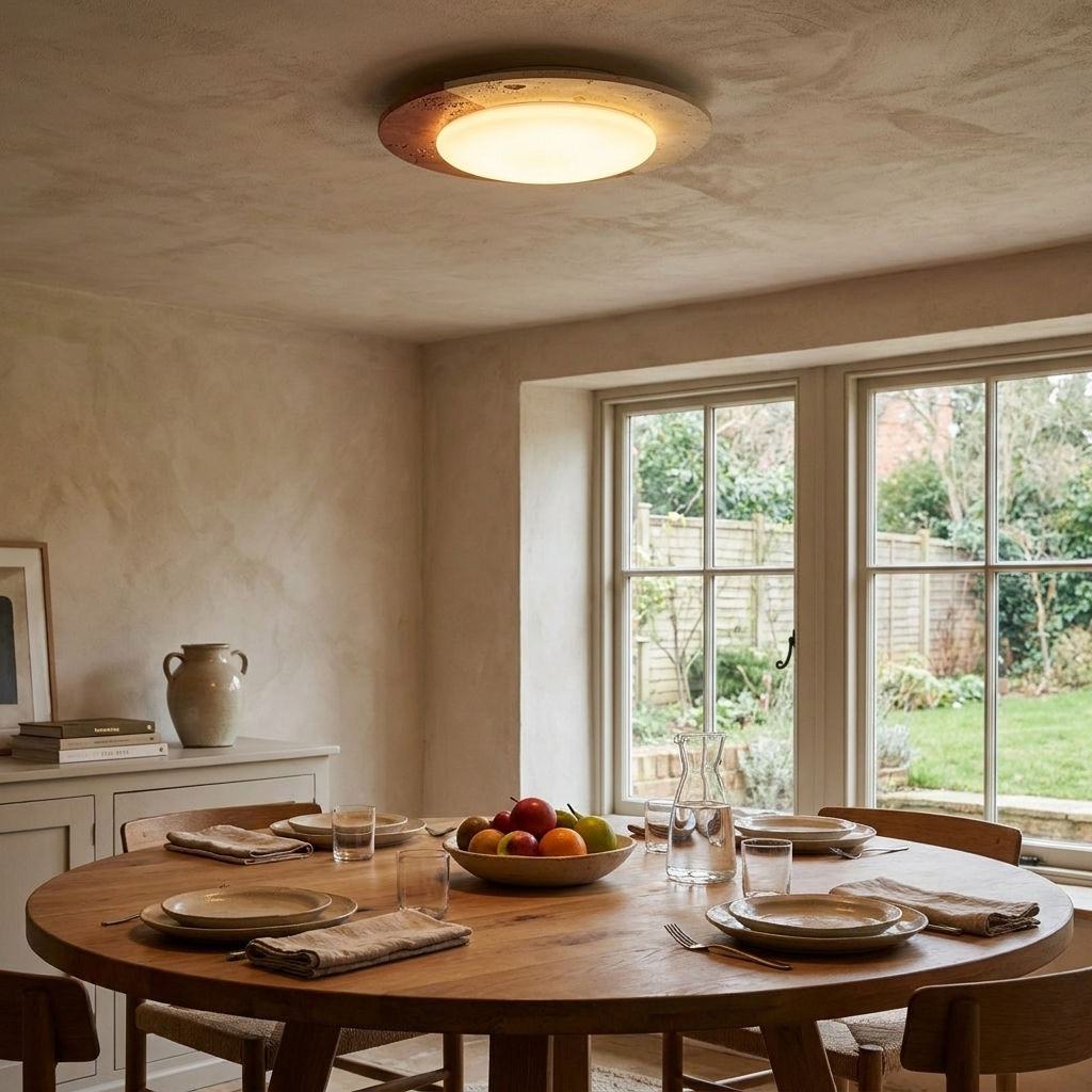 Nami travertine ceiling light fitted in a Japandi bedroom interior
