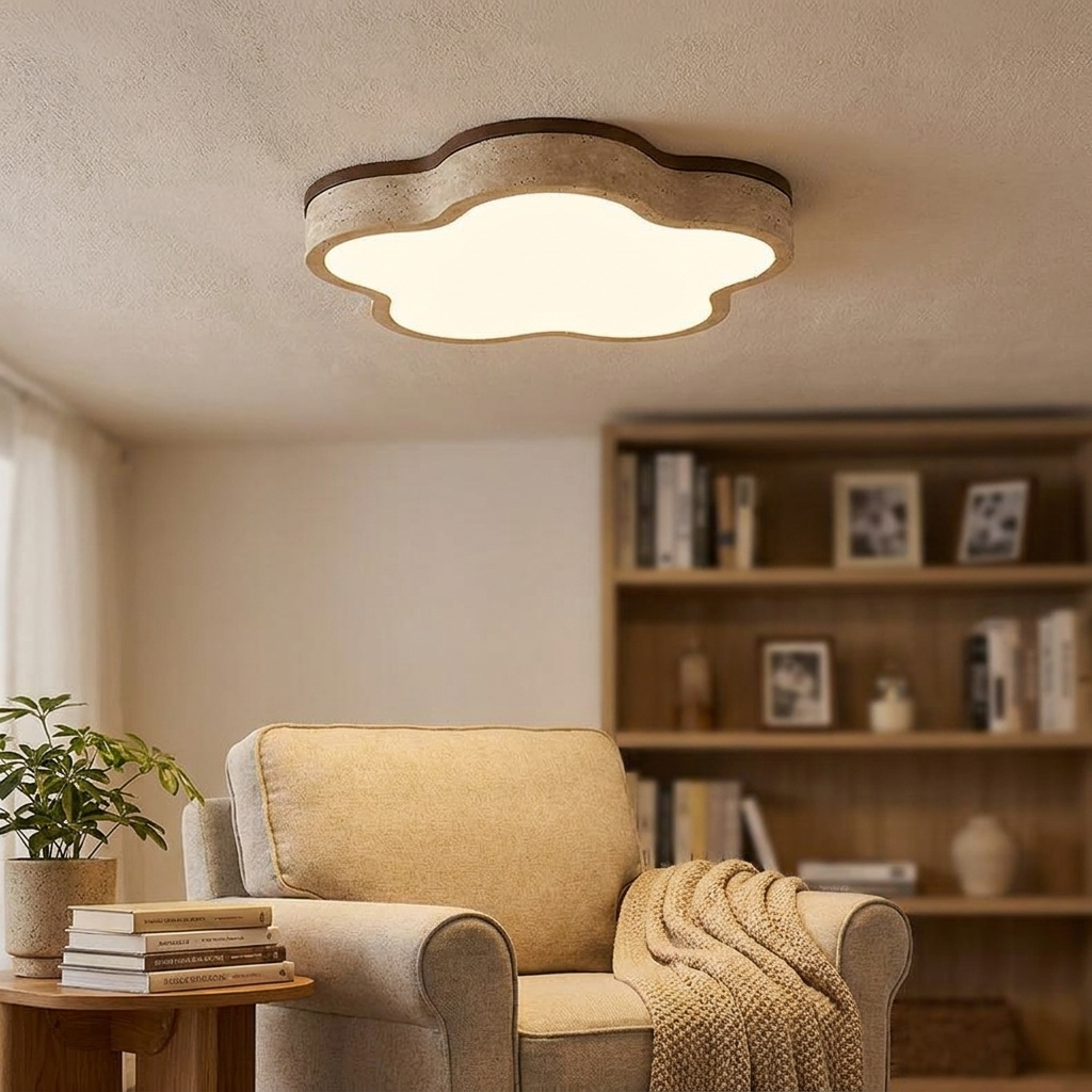 Nuwa yellow travertine ceiling light fitted in a calm Japandi bedroom interior