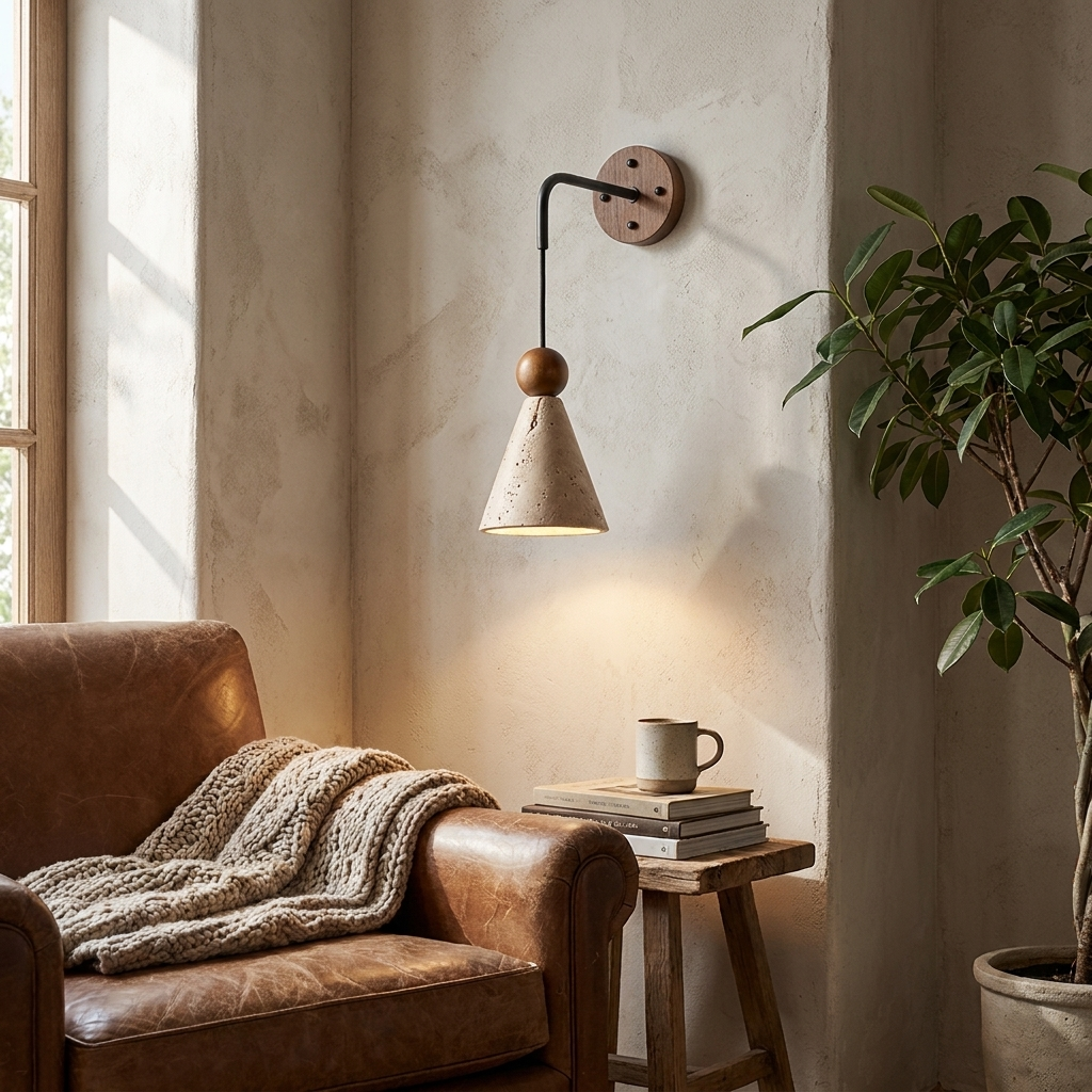 Yume travertine wood bead wall light styled in a Japandi bedroom interior