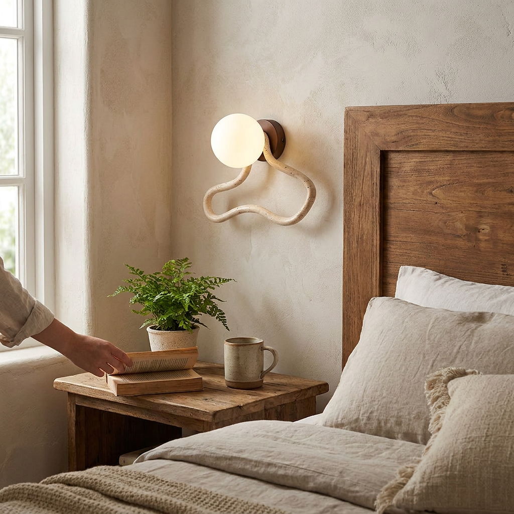 Toren Travertine Wall Light in a warm Japandi bedroom interior
