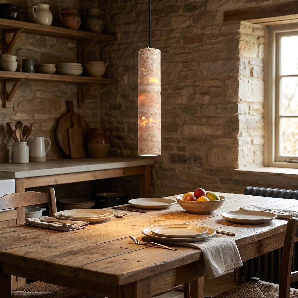 Yomi travertine cylinder pendant light glowing in a Japandi dining room interior