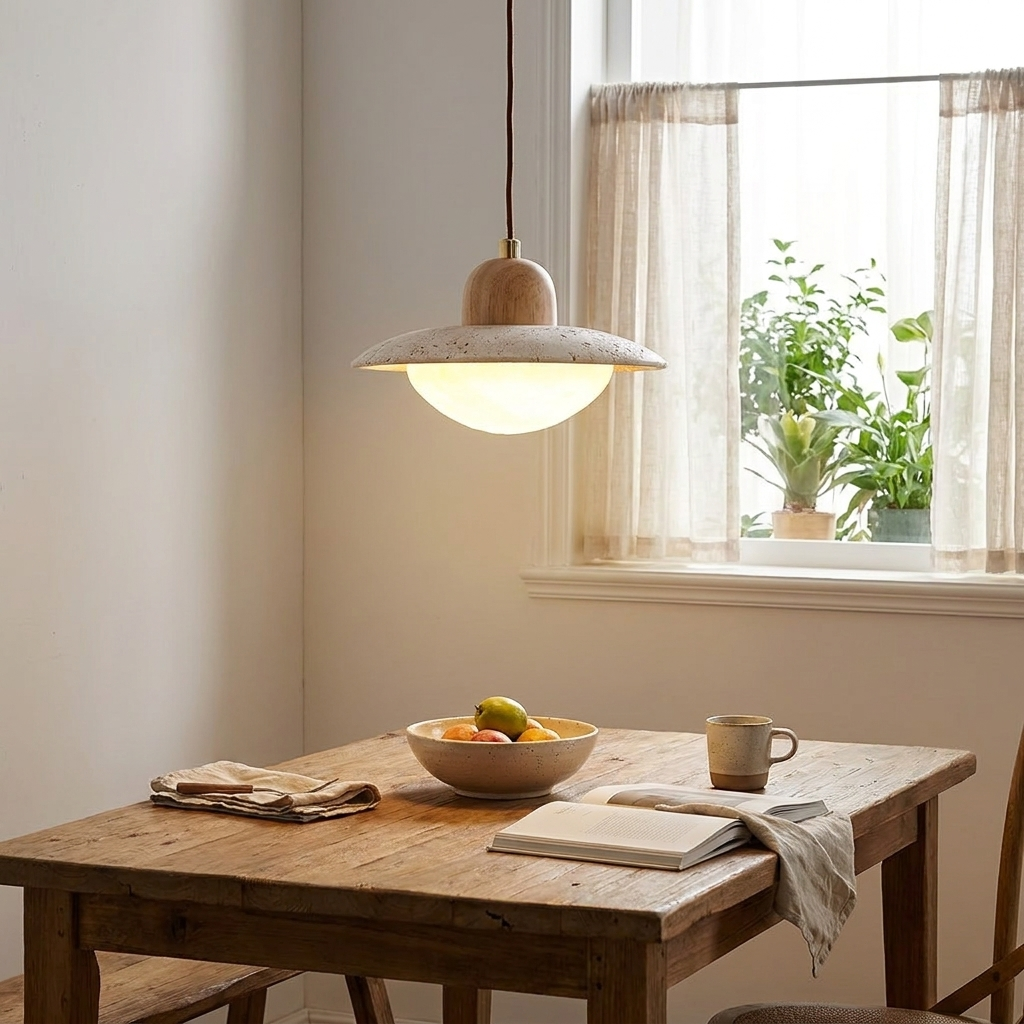 Yumi travertine and wood pendant light hanging above a kitchen island in a Japandi interior