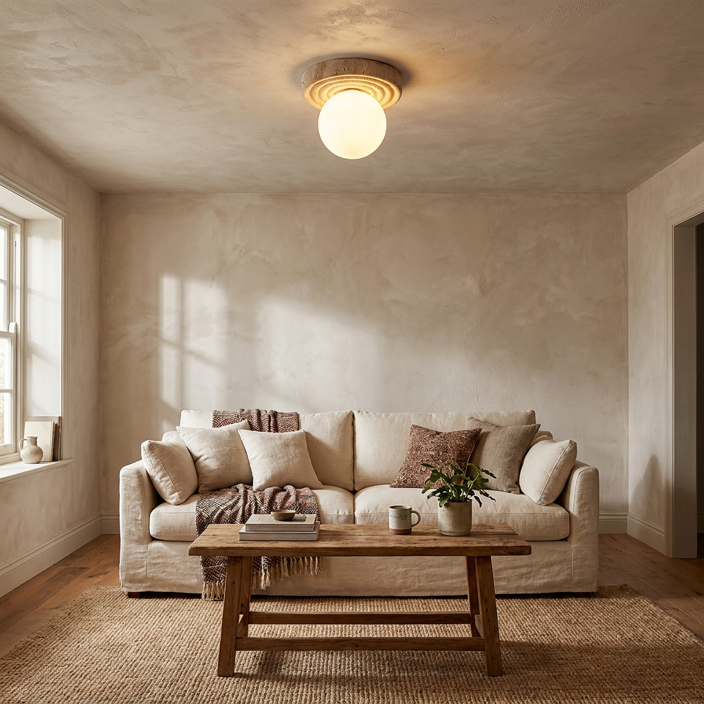 Emika travertine ceiling light with opal glass globe in a calm Japandi bedroom interior