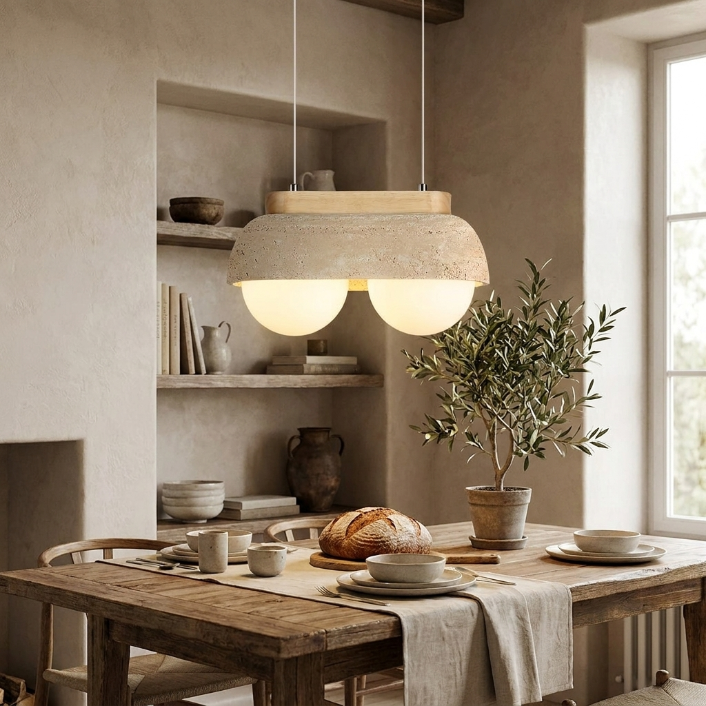 Emori yellow travertine pendant light with glass orbs hanging above a kitchen island in a Japandi interior
