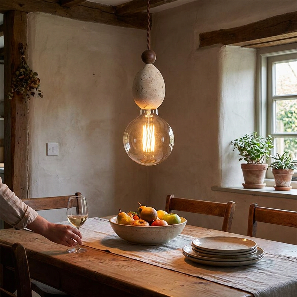 Tsuki yellow travertine pebble pendant light with exposed filament bulb and braided cord in a Japandi interior