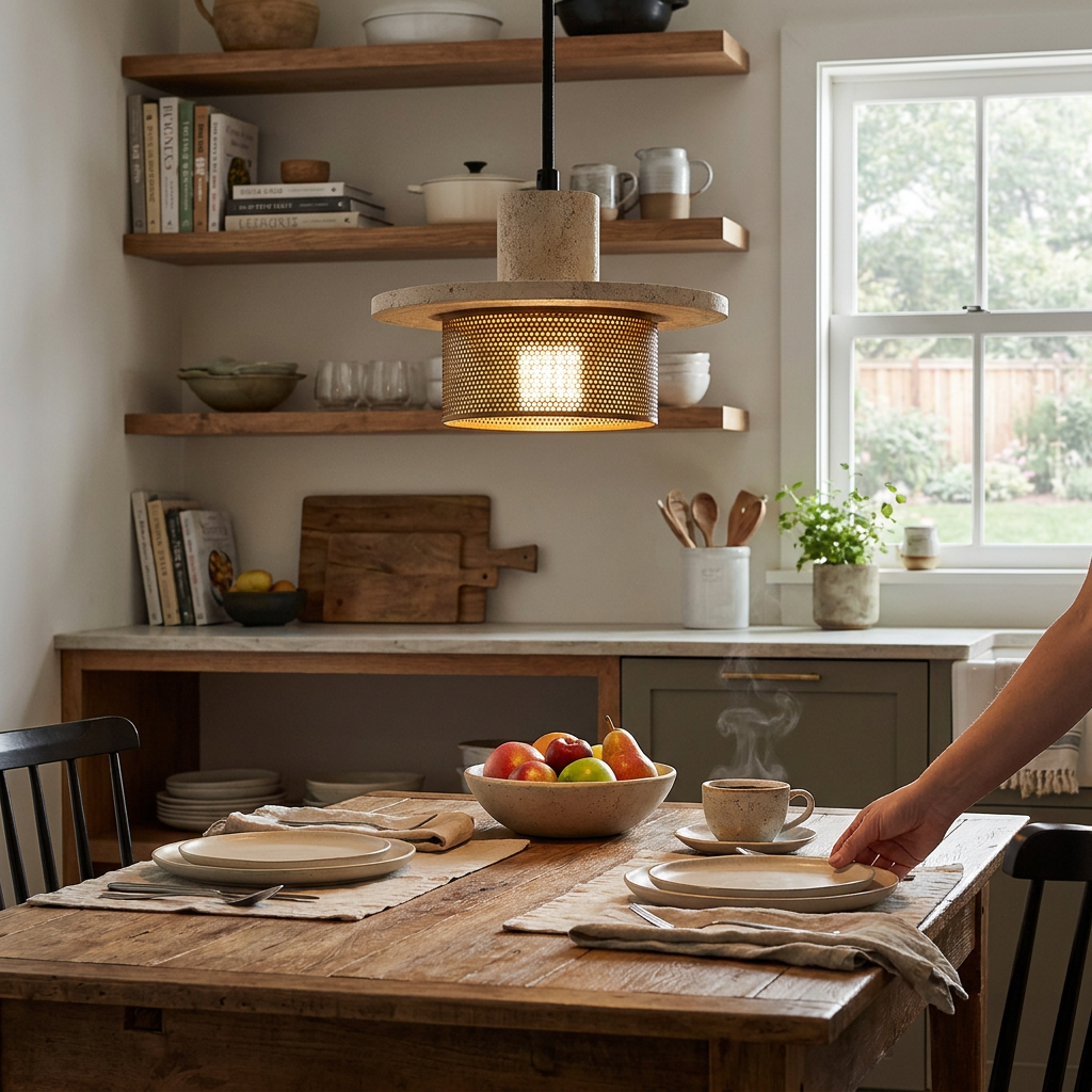 Vesra travertine mesh pendant light hanging above a kitchen island in a Japandi interior
