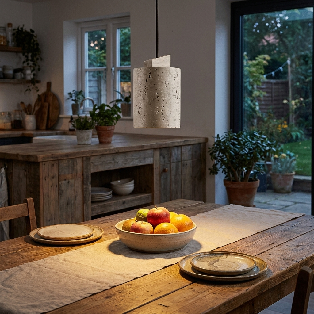 Zuka yellow travertine cylinder pendant light hanging in a warm Japandi interior setting