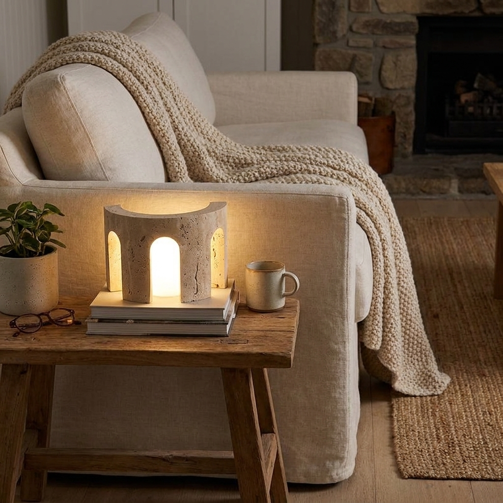 Yellow travertine rechargeable table lamp on a bedside table in a calm Japandi bedroom interior