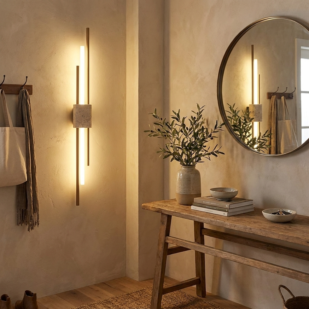 Taeru Travertine Wall Light mounted in a Japandi hallway interior