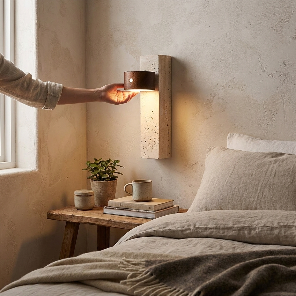 Rechargeable travertine and wood wall light mounted in a Japandi bedroom interior