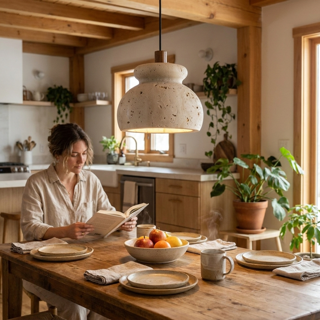Tsuyu travertine pendant light hanging above a kitchen island in a warm Japandi interior