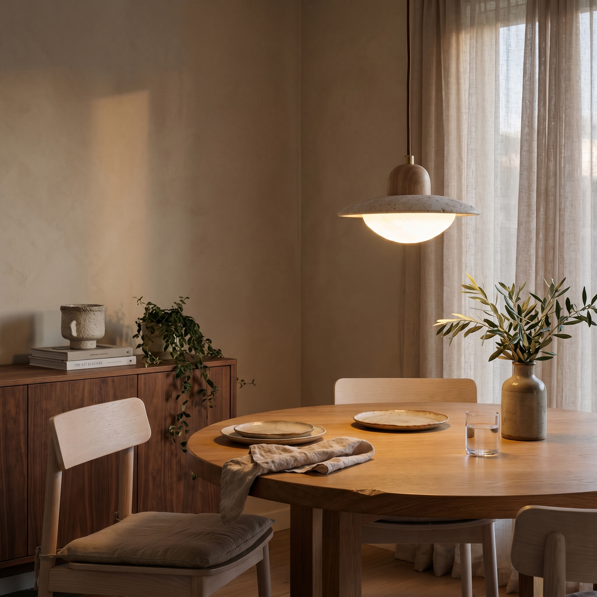 Yumi Travertine & Wood Pendant Light