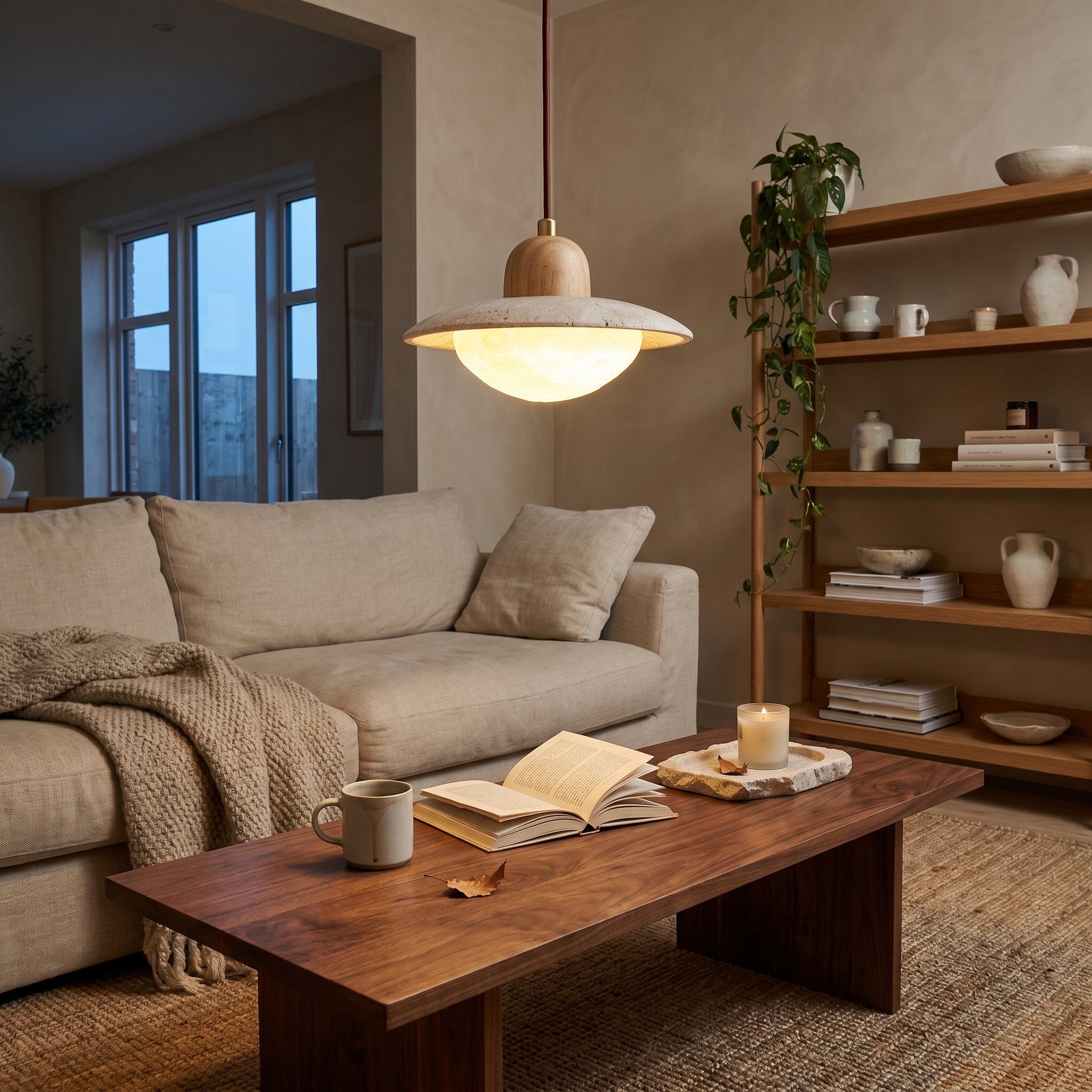 Yumi Travertine & Wood Pendant Light