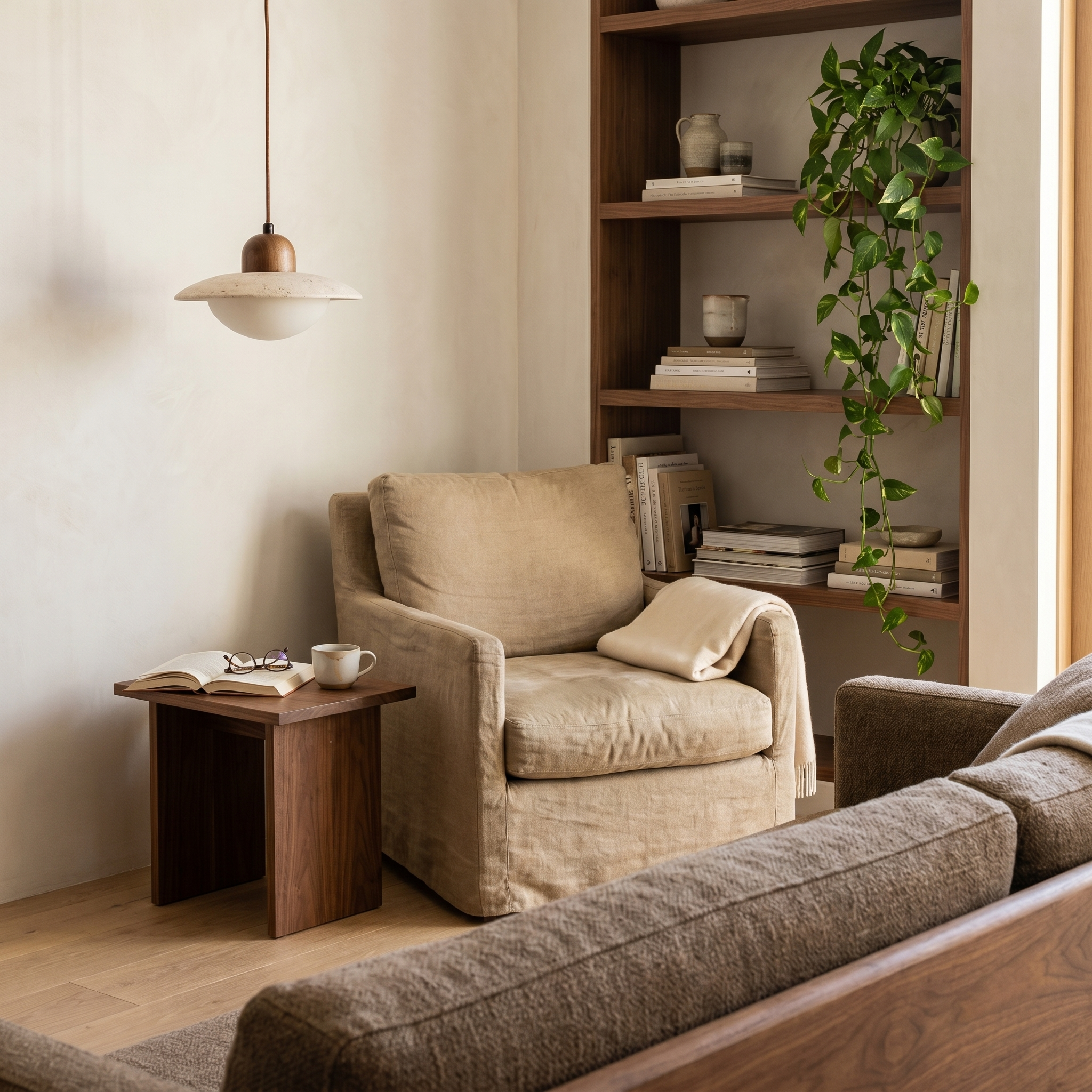 Yumi Travertine & Wood Pendant Light