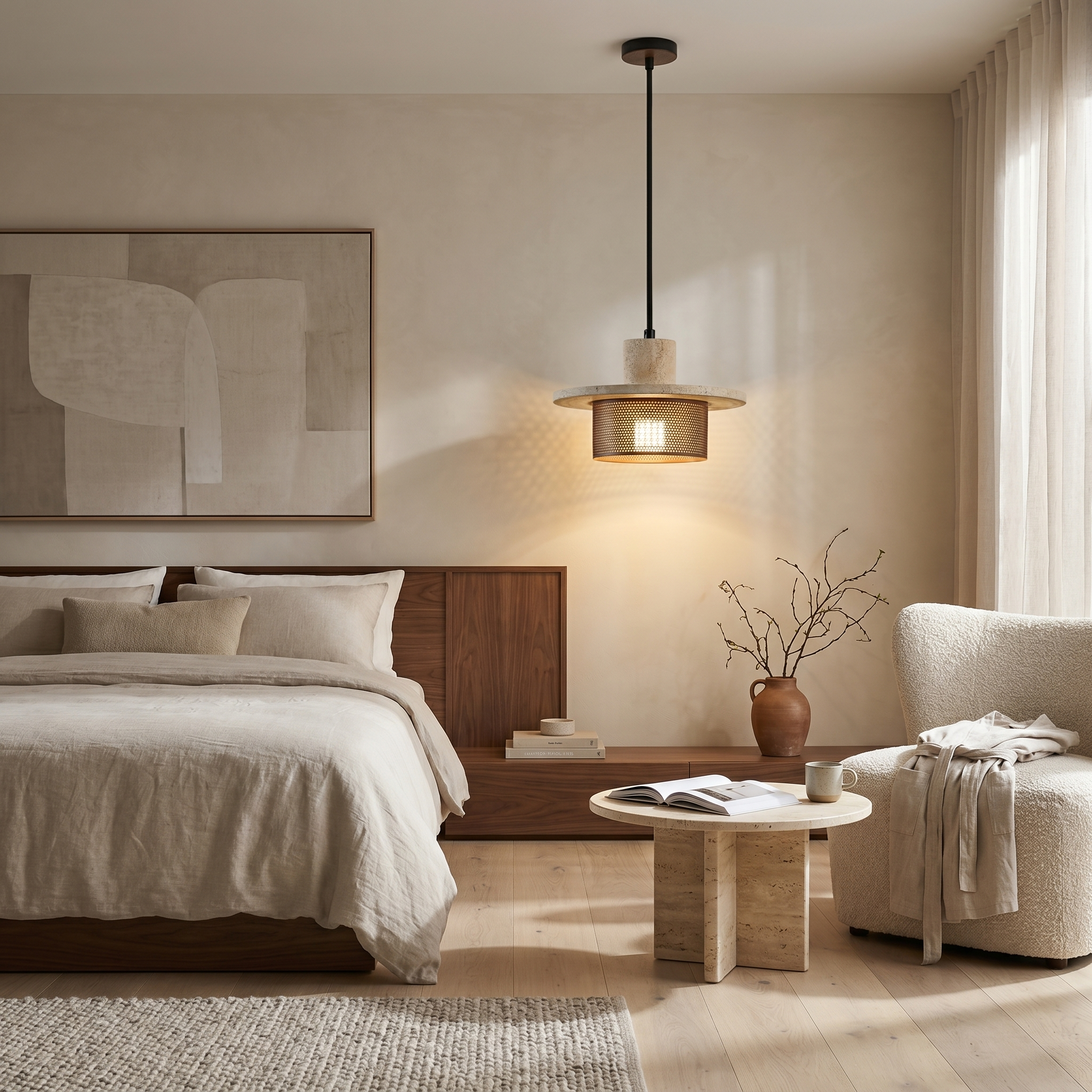 Vesra stone pendant light hanging in a calm dining room with warm ambient glow