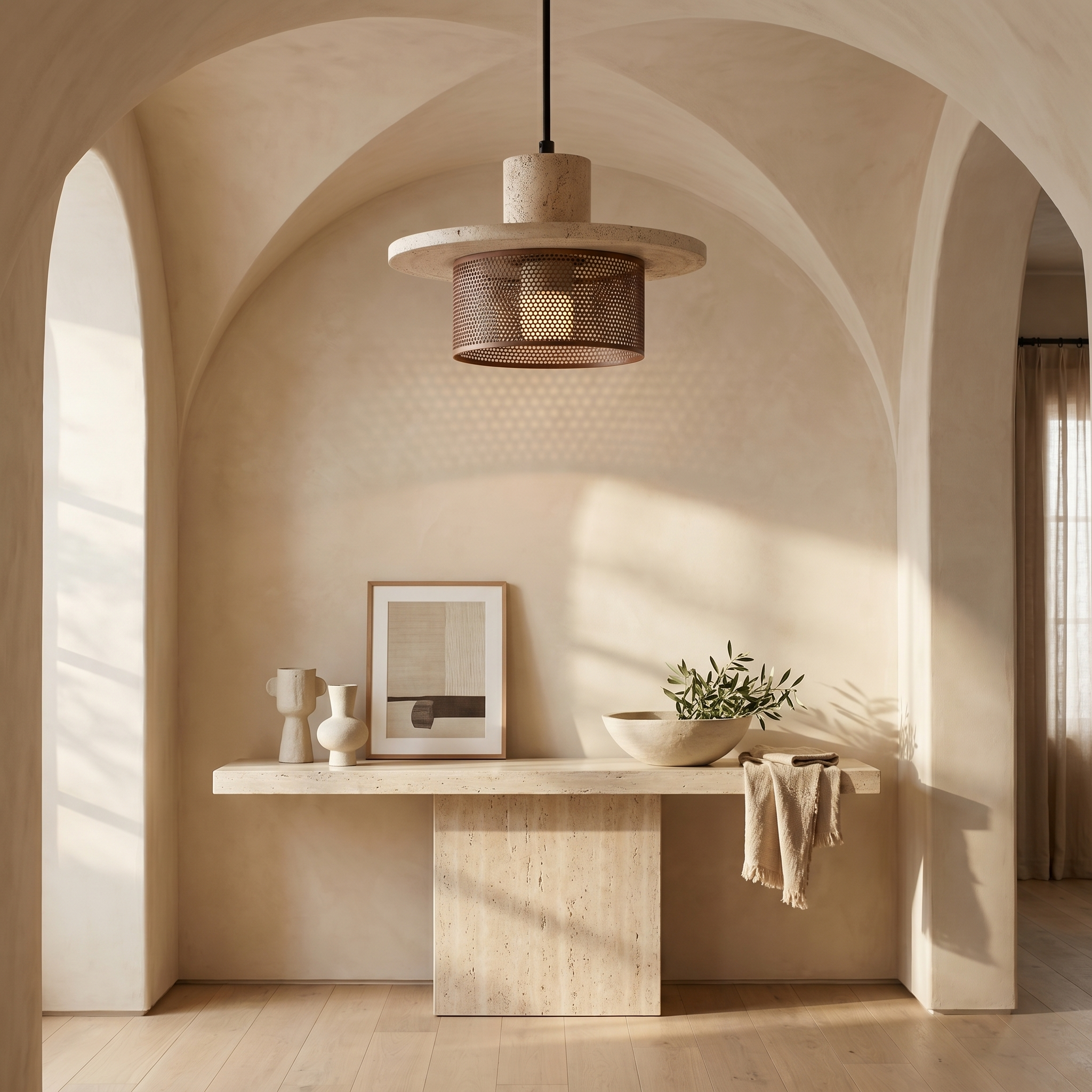 Detail of travertine stone cap and matte black shade on Vesra Japandi pendant light