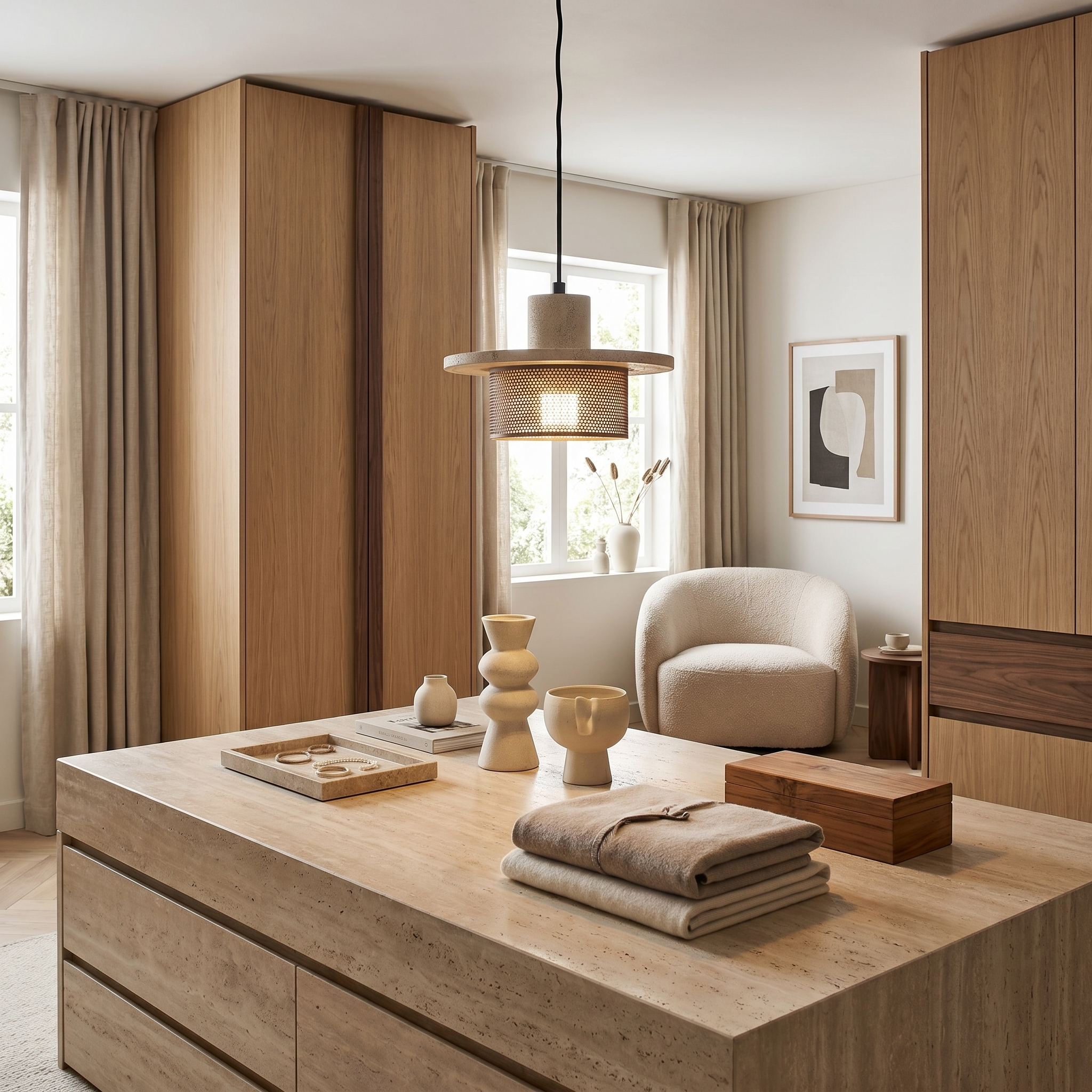 Vesra travertine pendant light above a dining table in a minimal Wabi-Sabi interior