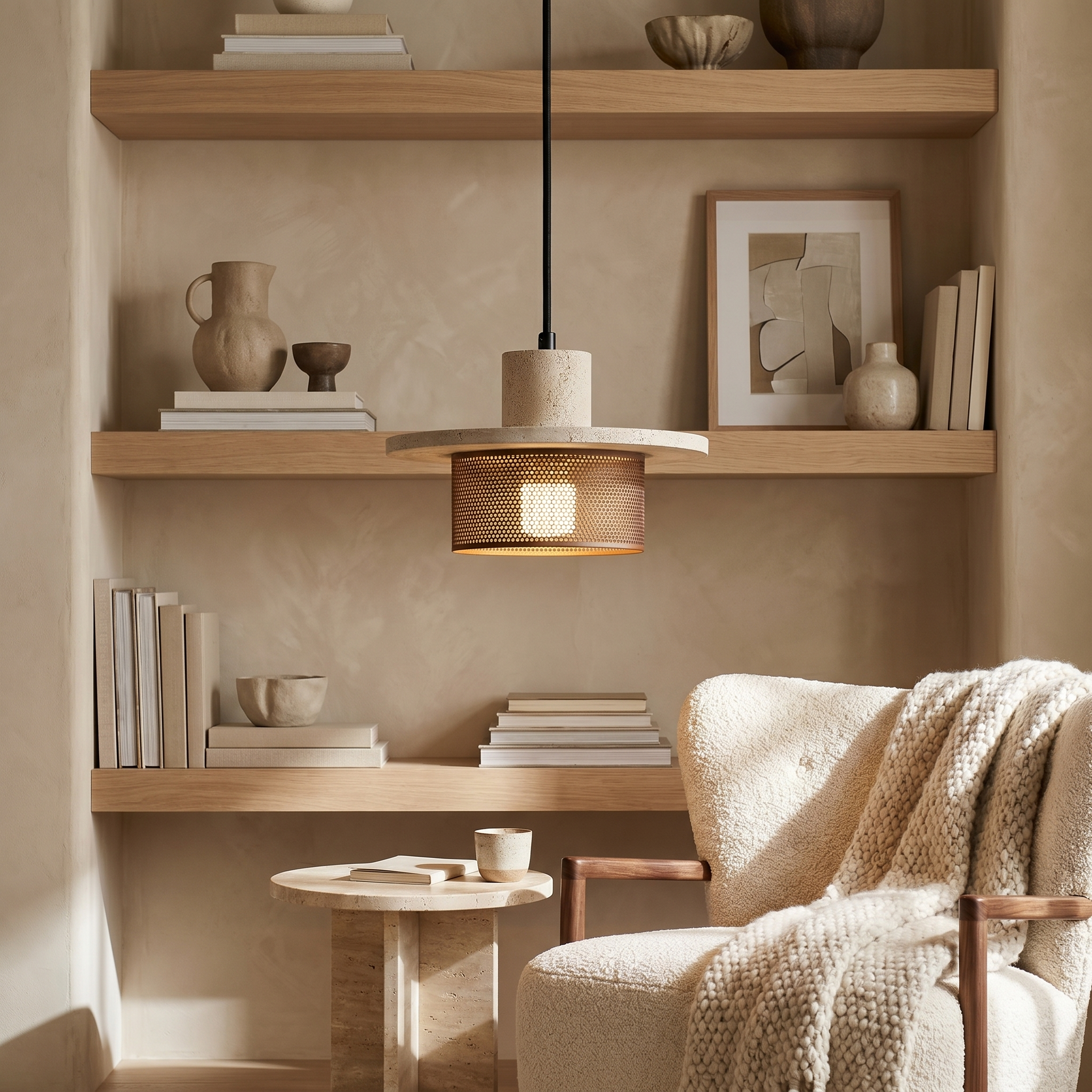 Vesra pendant light with adjustable cord shown in a modern open-plan kitchen setting