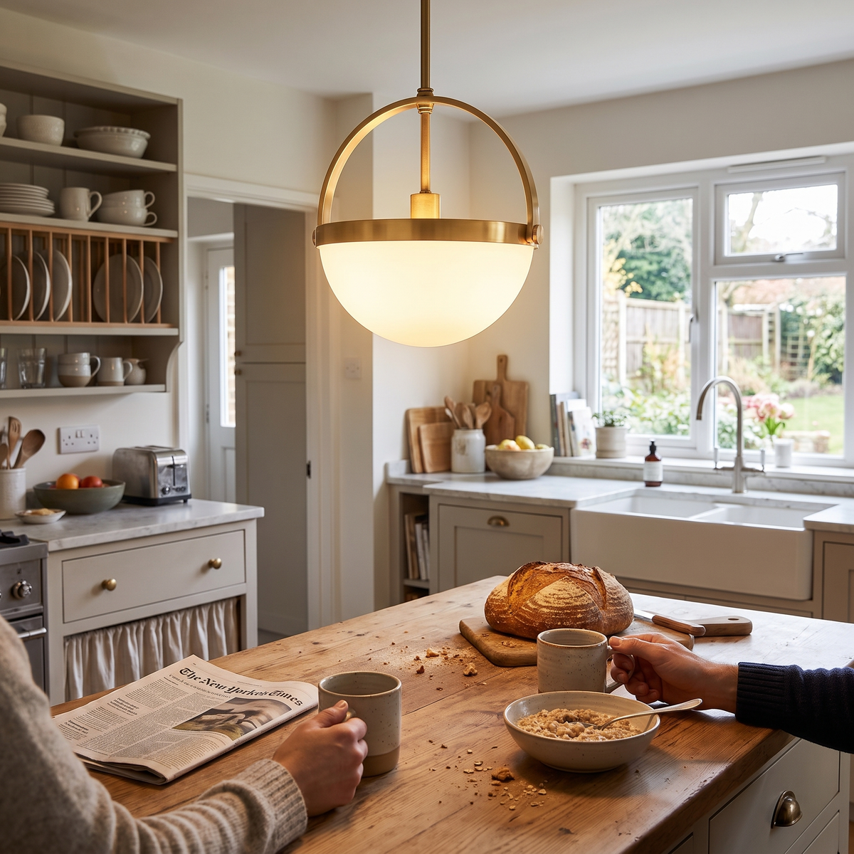 Gold and White Glass Pendant Light lifestyle