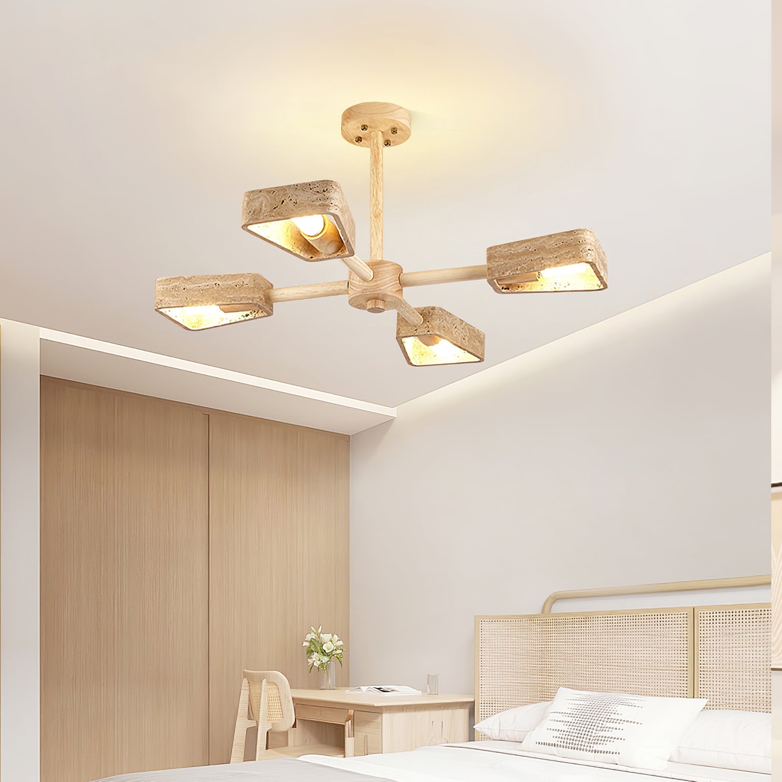 Stone and wood chandelier with open geometric frame in a Japandi living room