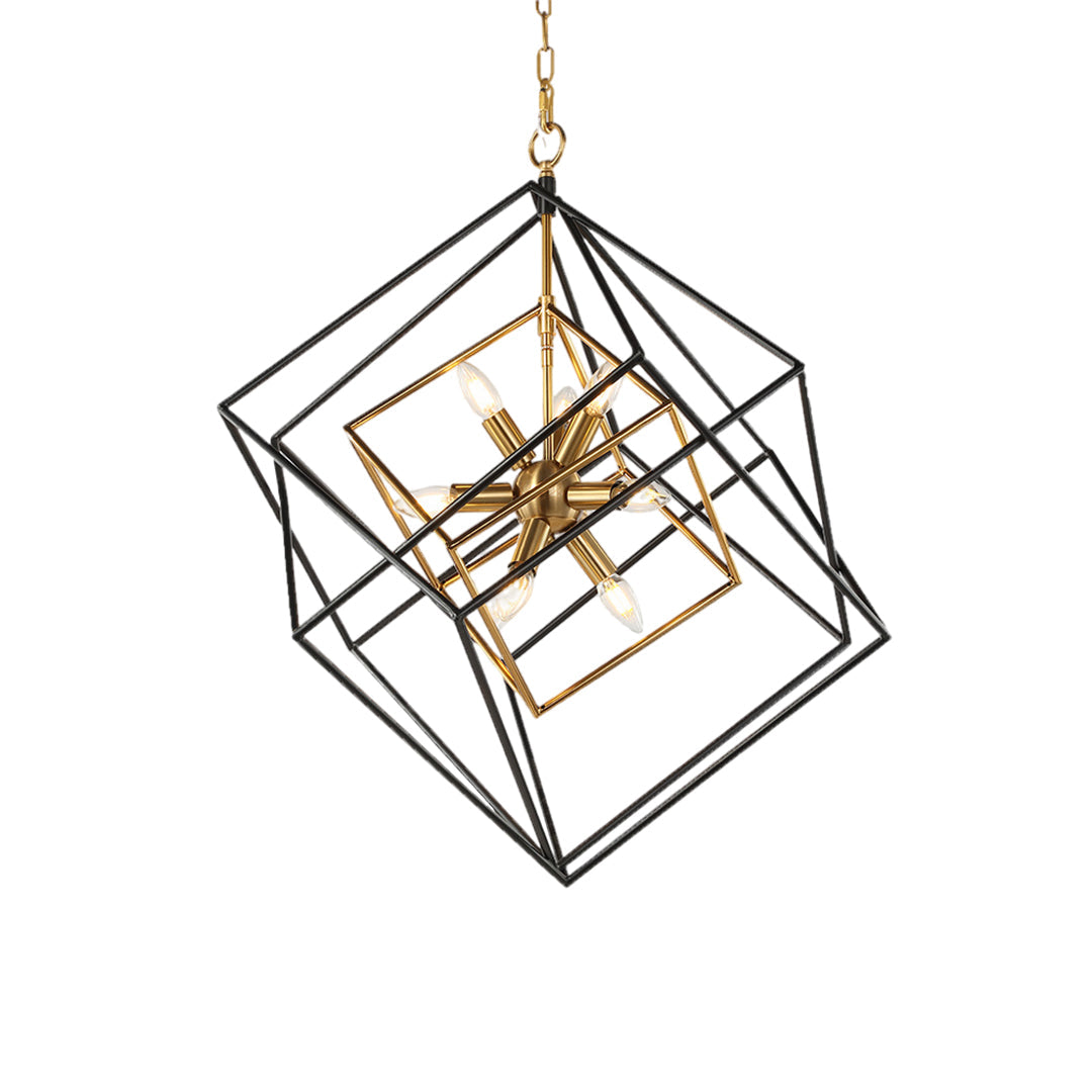 Isolated view of Aureon dual-frame square candelabra pendant light, black and gold