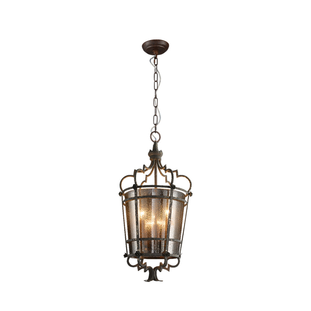 Isolated product view of classic lantern-shaped iron pendant light with decorative crown top