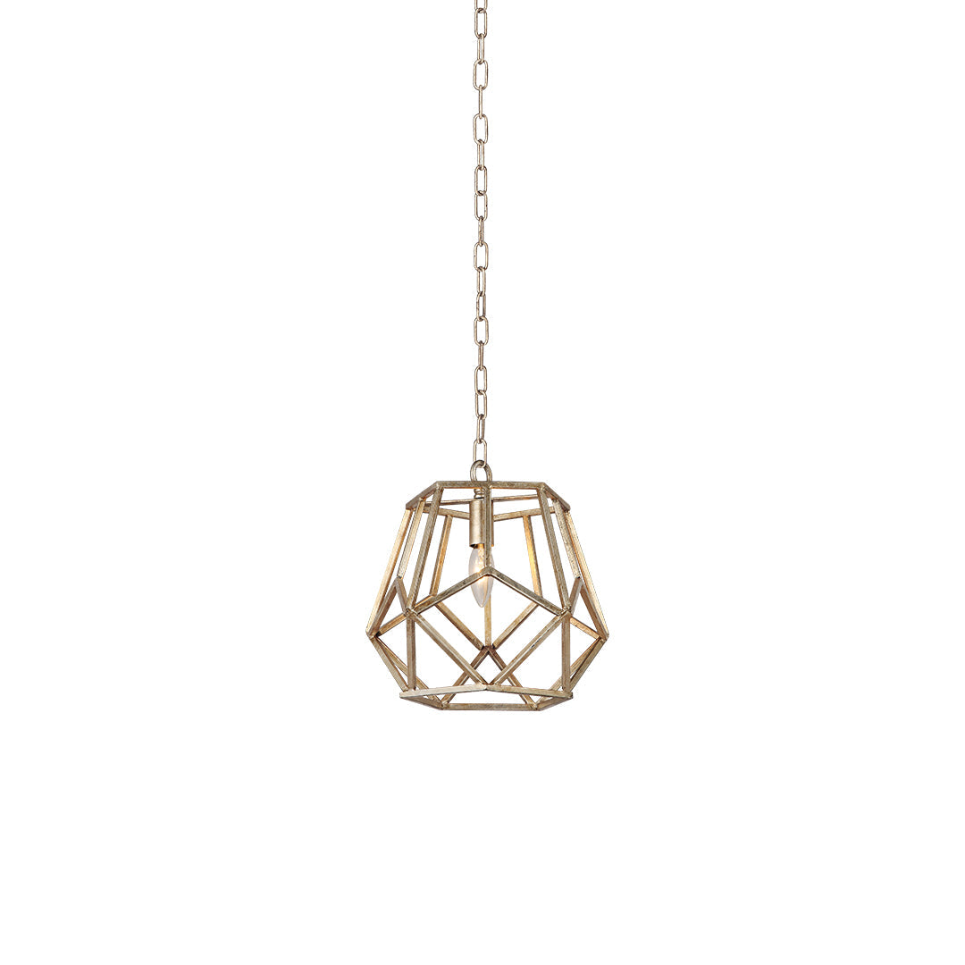 Isolated view of Aureon gold polyhedron pendant light with chain suspension on white background