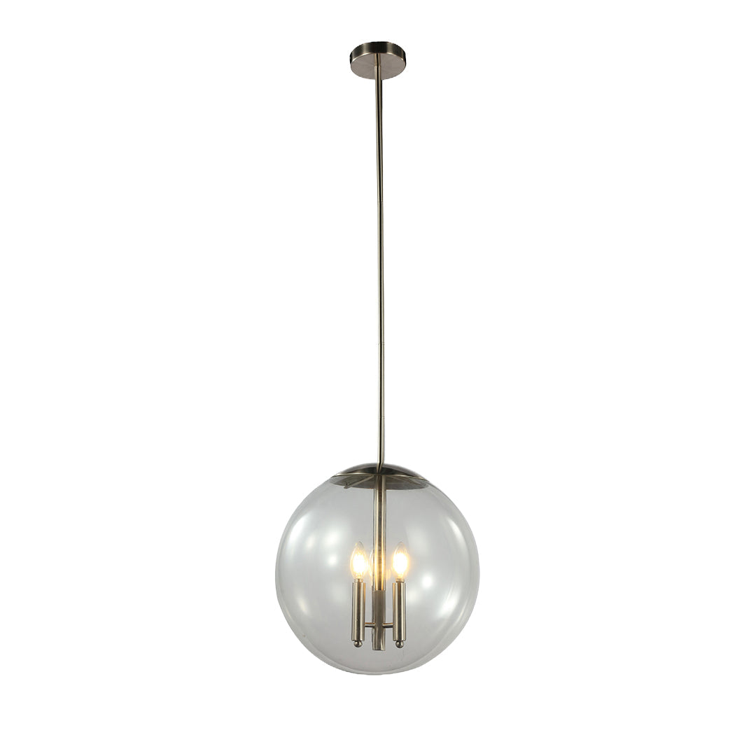 Isolated product shot of the Aureon glass orb pendant light with polished silver stem mount