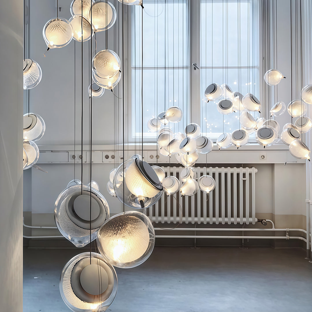 Aureon artistic glass jellyfish pendant light, sculptural hanging ceiling lamp in chrome finish