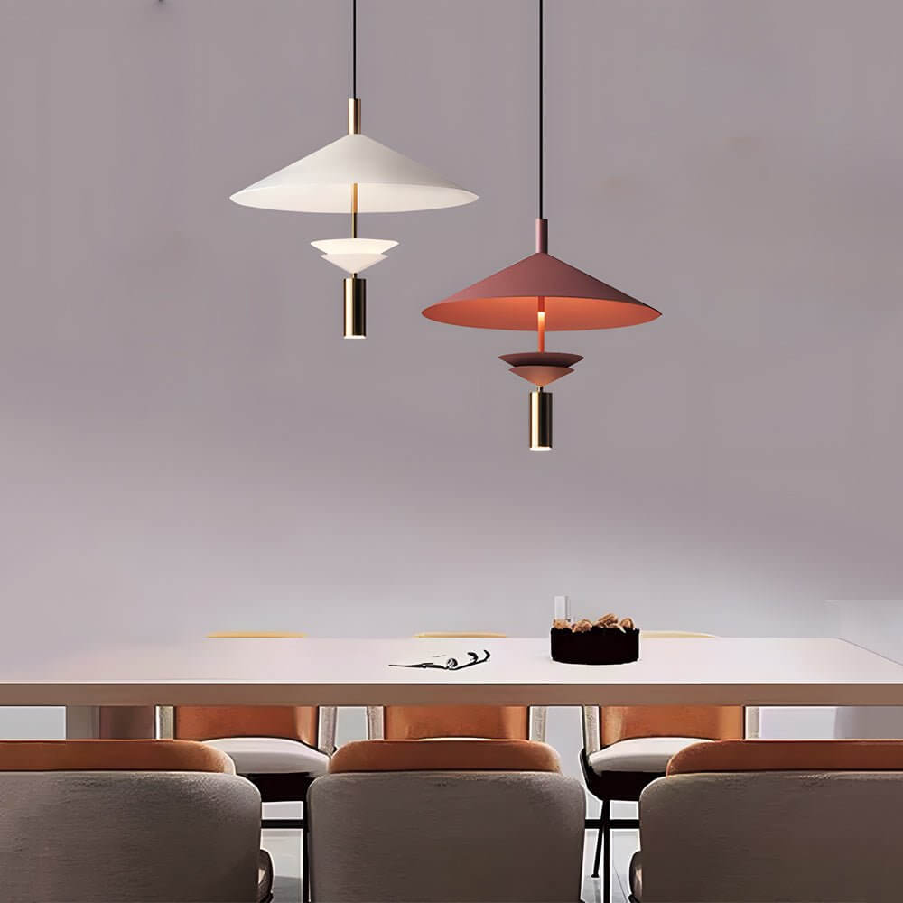 Underside view of Aureon pendant light showing cylindrical G9 integrated spotlight beneath iron shade