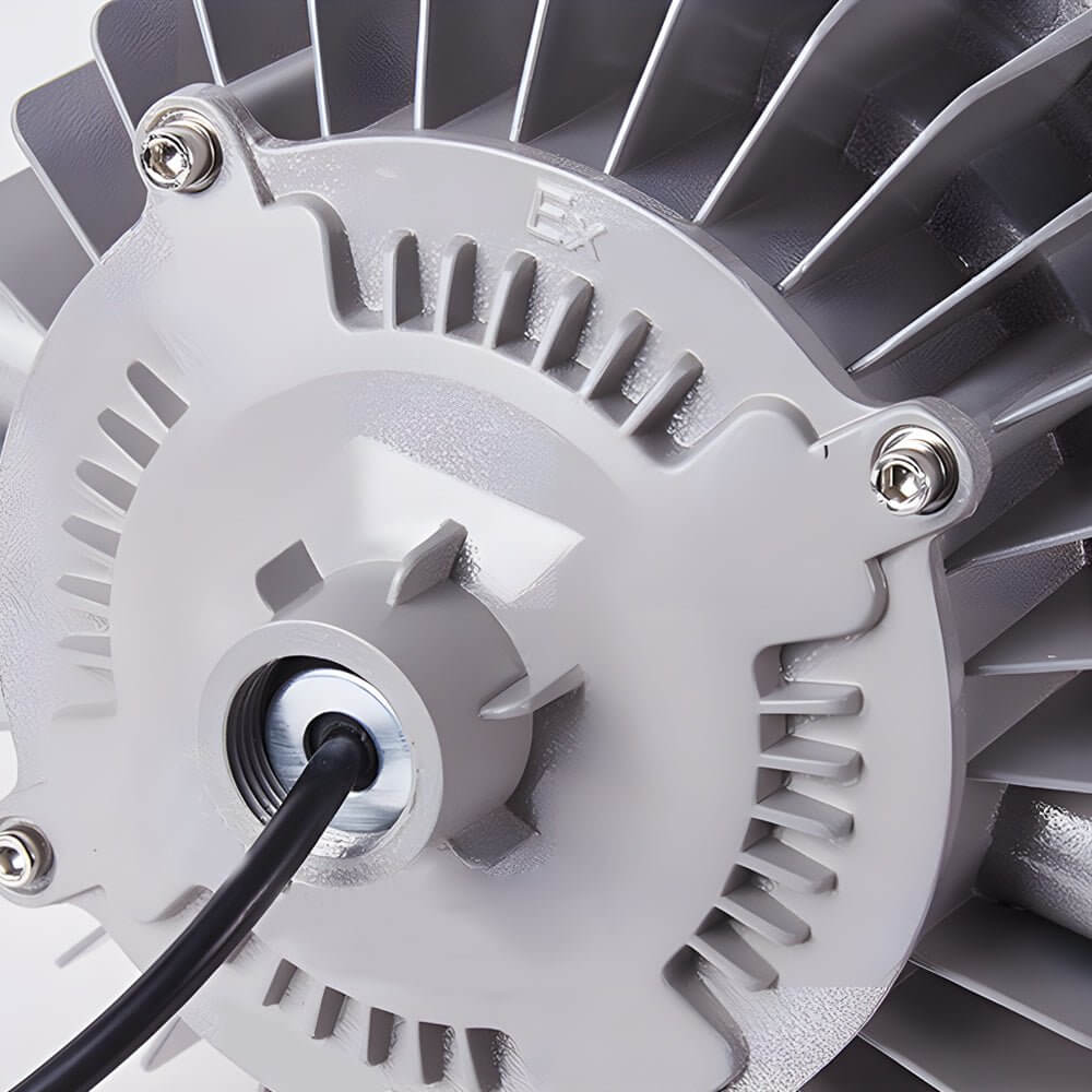 Close-up of Aureon LED pendant light heat dissipation fins on die-cast aluminum housing