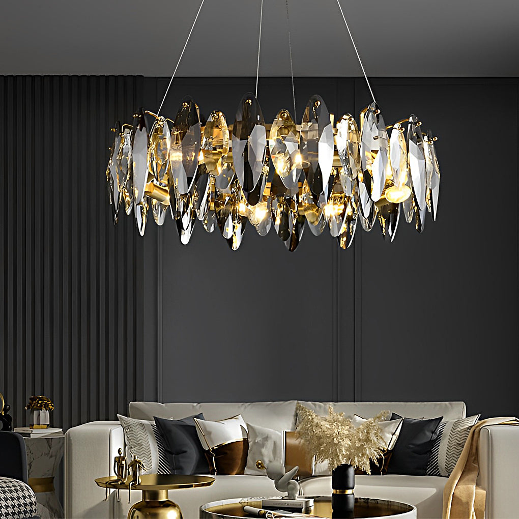 Luxury smoky glass crystal chandelier showing prism detail in a contemporary interior