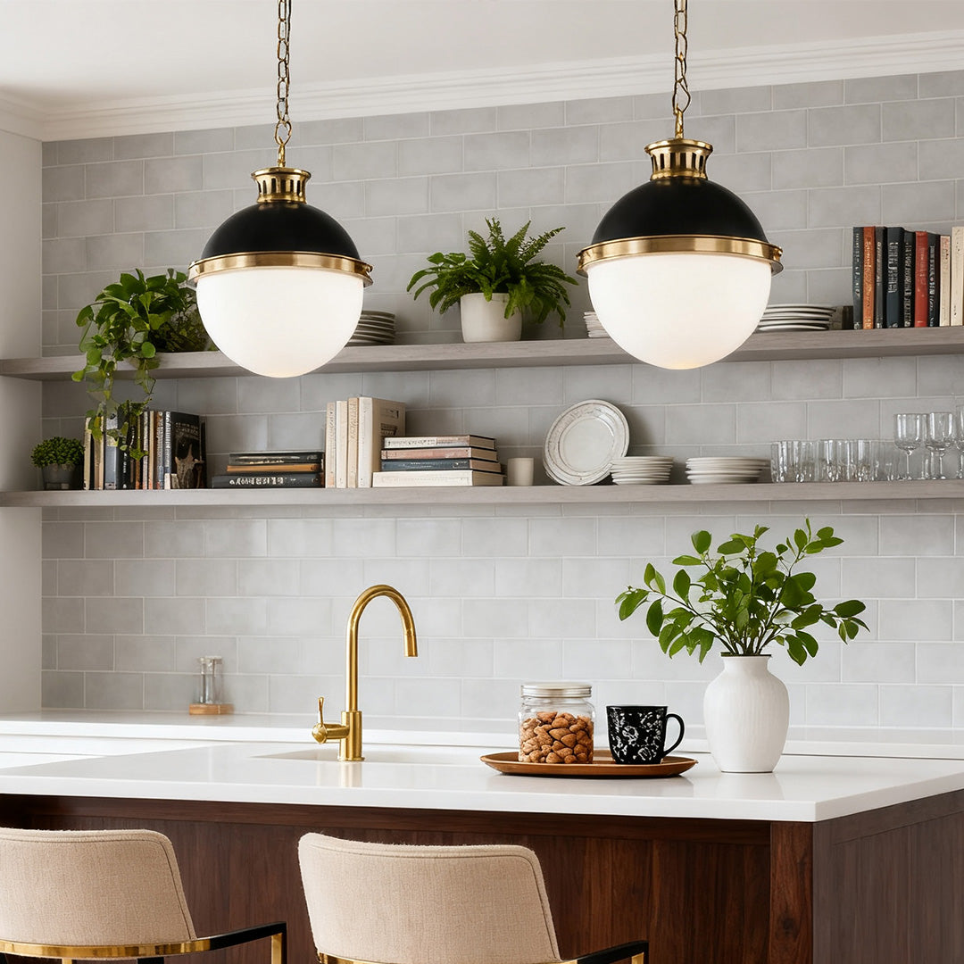 Aureon Glass Globe Pendant Light, Black Iron Orb Ceiling Light with Opal Shade and Adjustable Chain