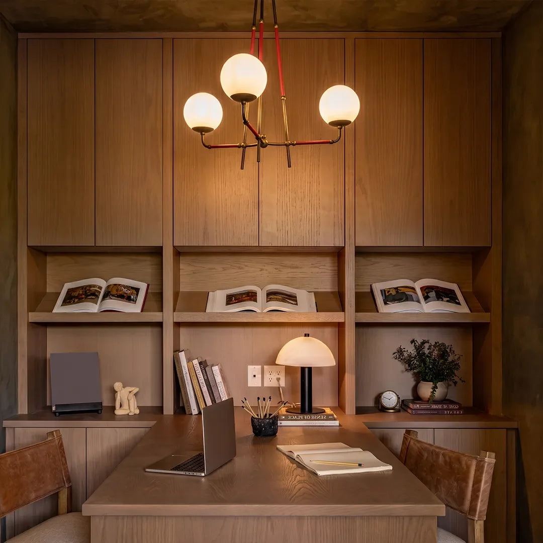 Auréline mid-century modern iron chandelier styled in a contemporary home office