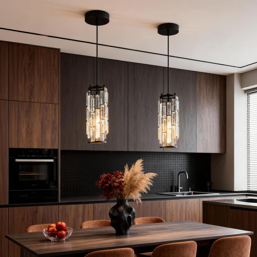 Crystal pendant lights above a modern kitchen island, contemporary interior