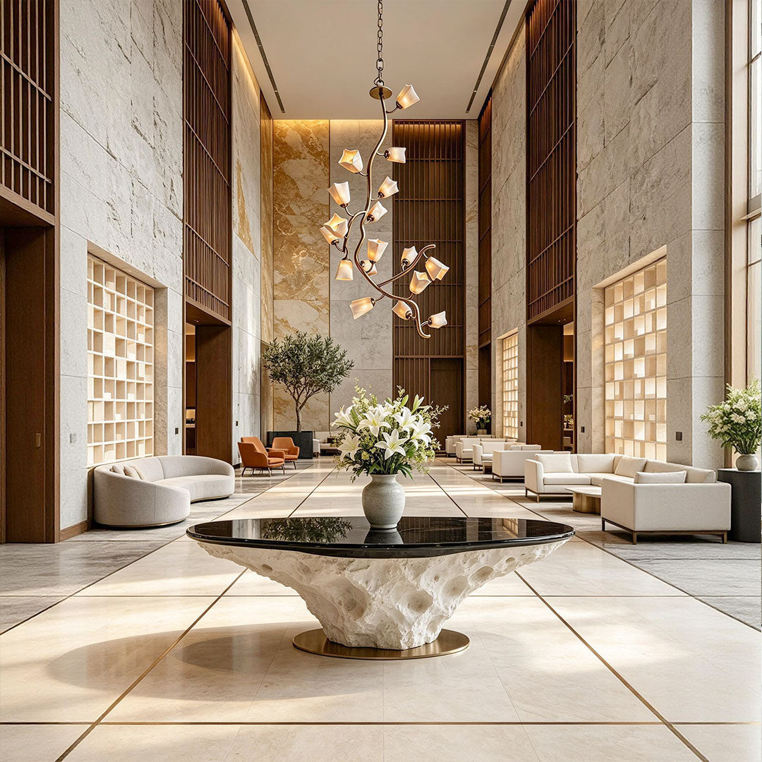 17-light lily branch chandelier illuminating a grand contemporary living space