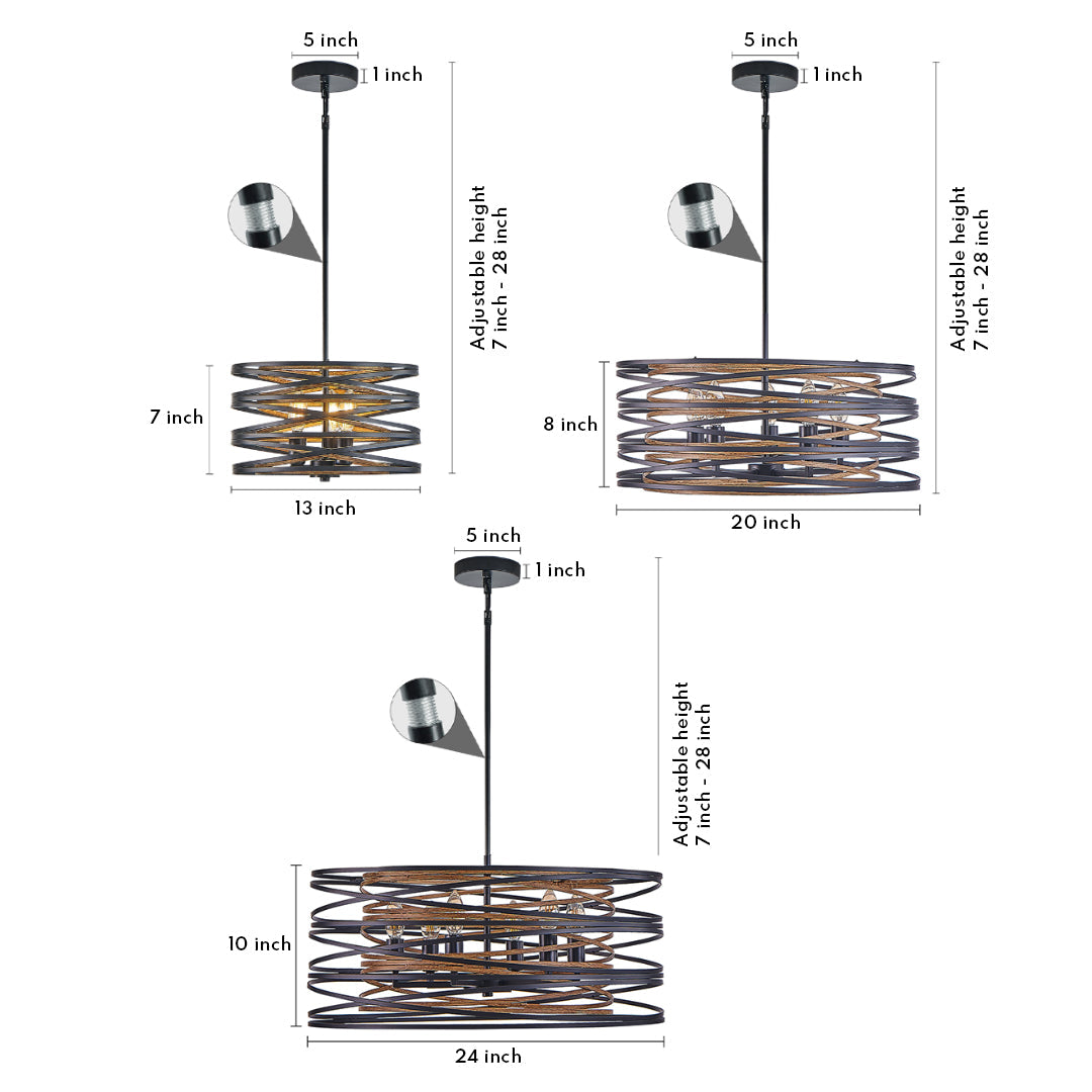 Dimension diagram for the Aureon black iron drum pendant light showing width and height measurements