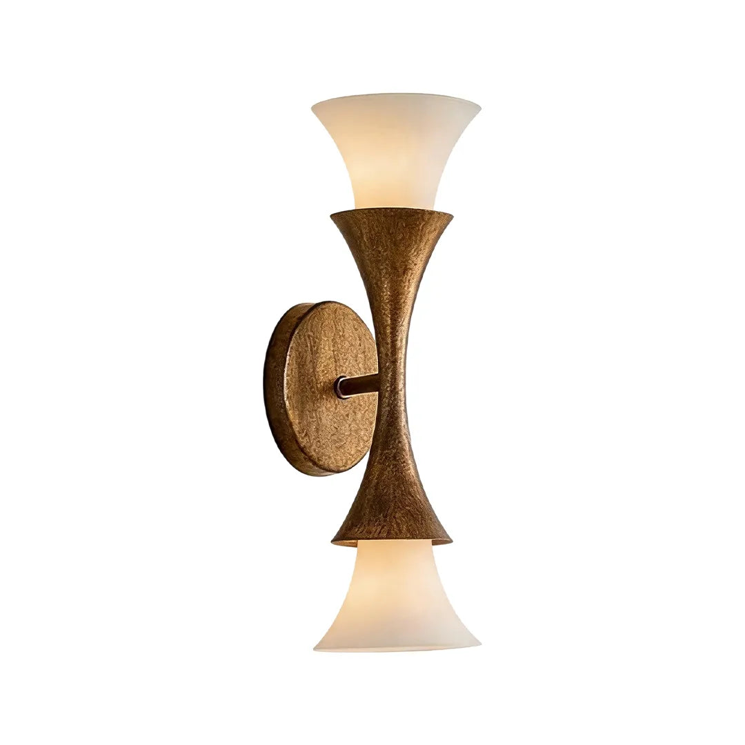 Niva double-head brass wall light with trumpet glass shades, full view