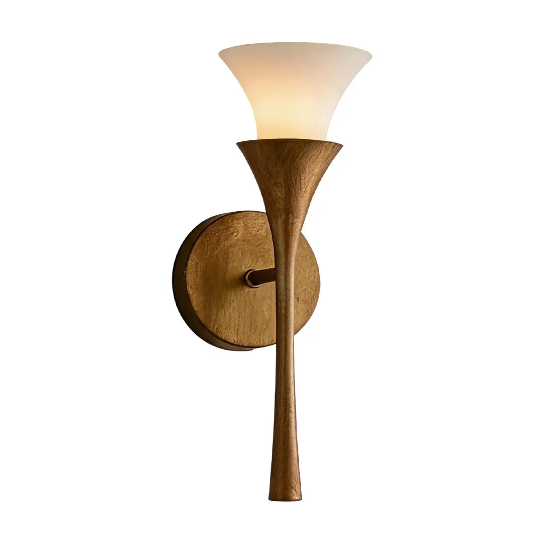 Niva single-head brass wall light with trumpet glass shade, full view