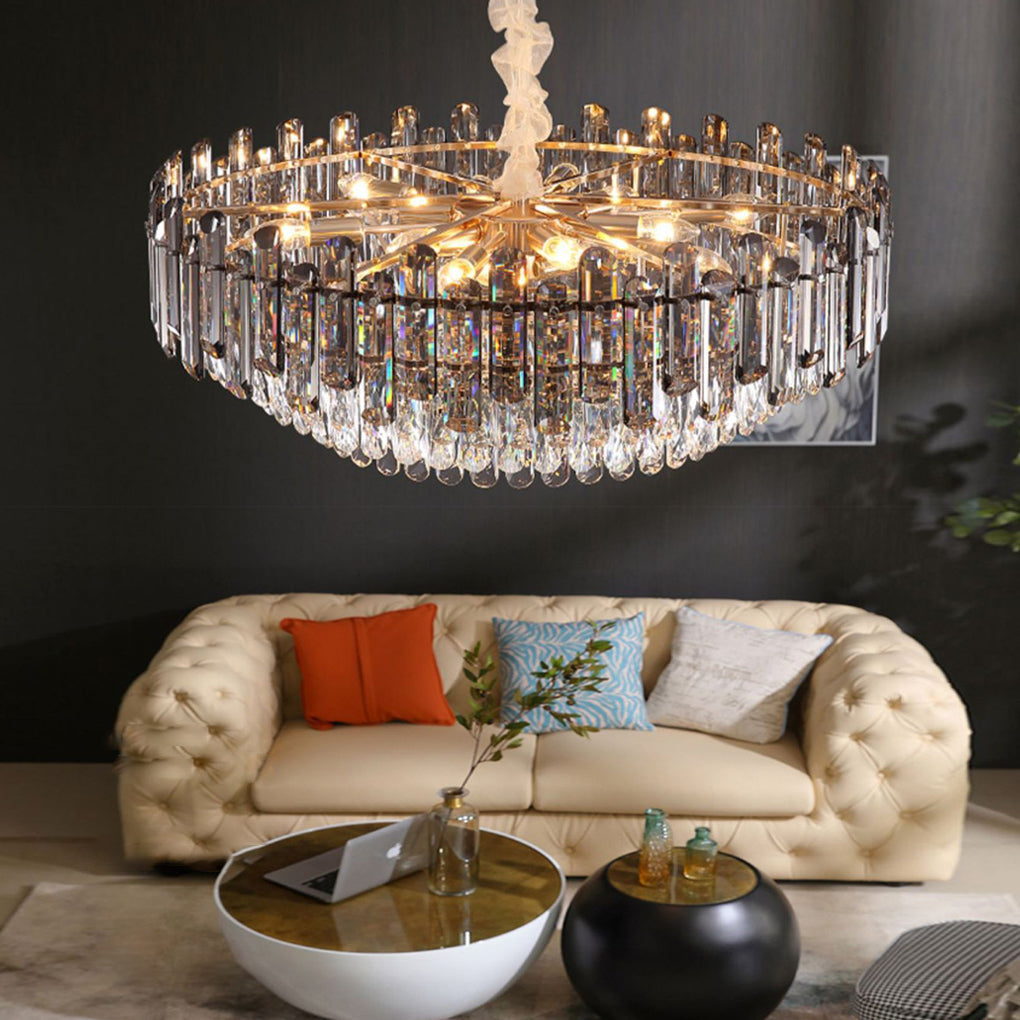 Close-up of Auréline crystal chandelier showing smoky grey and clear crystal detail against a dark background
