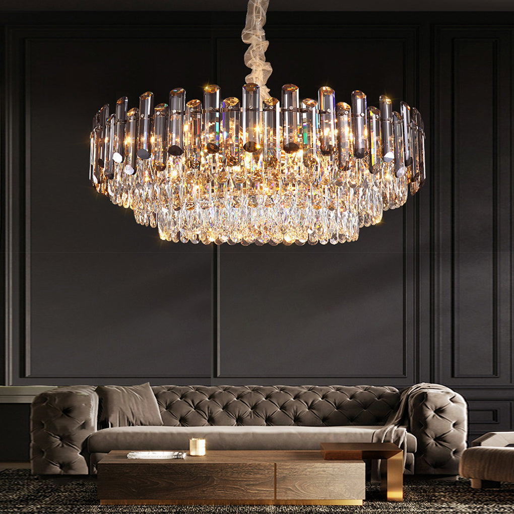 Auréline crystal drum chandelier with sparkling crystals lit in a contemporary living room